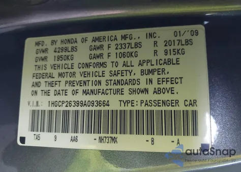 2009 Honda Accord 2.4 Lx z USA, uszkodzony, nr VIN 1HGCP26399A093664